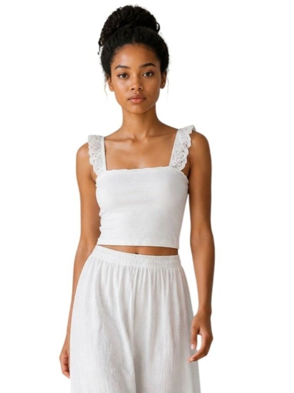 Good Luck Gem Eyelet Trim Tank Top In Off White